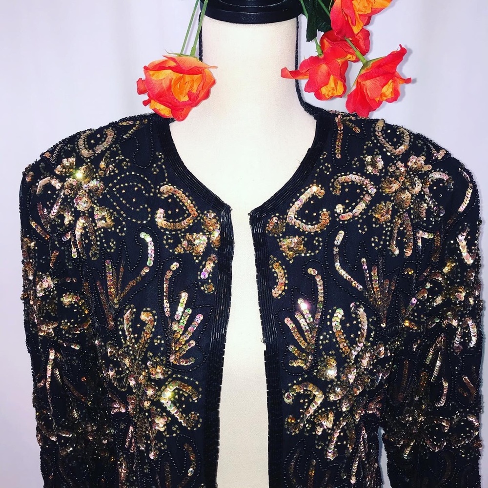 Vintage 80’s black silk sequin beaded jacket